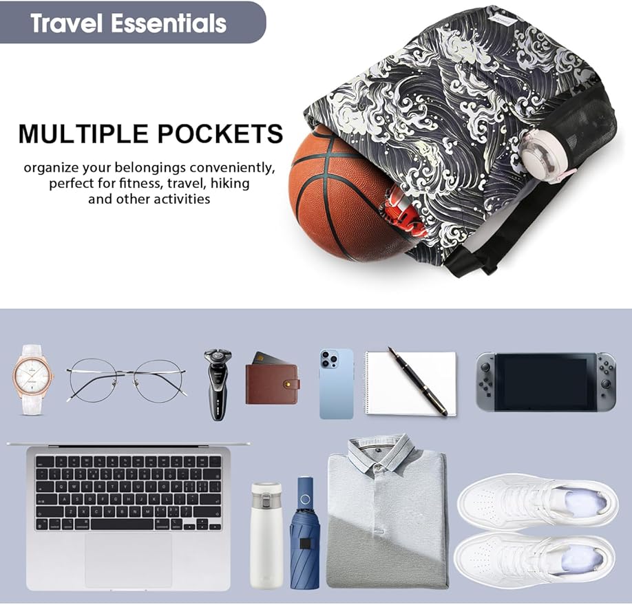 Drawstring Backpack Sports Gym Sackpack with Mesh Pockets Water-Resistant String Cinch Beach Bag for Men Women(Black Waves)