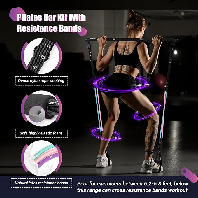 Pilates Bar Kit with Resistance Bands, Multifunctinal Exercise Bar with Ab Roller for Pilates/Abs/Weight Loss, Portable Home Gym Pilates bar kit for Full Body Training Women