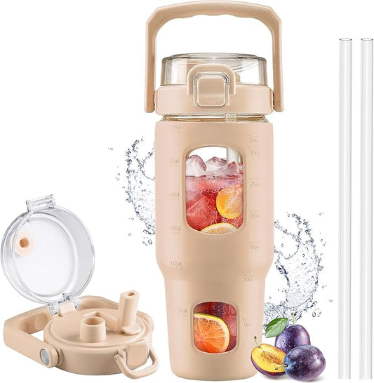 BLUEGO 32oz Glass Tumbler with Lid and Handle, Iced Coffee Cup with Straws, Glass Water Bottle with Silicone Sleeve and Volume, Marker Glass Cup with Time Marking, BPA Free, Amber