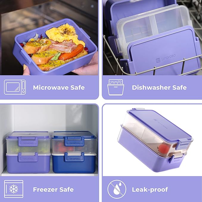 linoroso Stackable Bento Box Adult Lunch Box | Meet All You On-the-Go Needs for Food, Salad and Snack Box, Premium Bento Lunch Box for Adults Include Utensil Set, Dressing Containers - Veri Peri