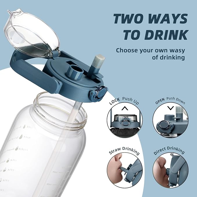 64oz Glass Water Bottle with Straw and Sleeve Half Gallon Motivational Water Bottle with Time Marke and Strap 2L Leakproof Borosilicate Reusable Water Jug for Gym Outdoors