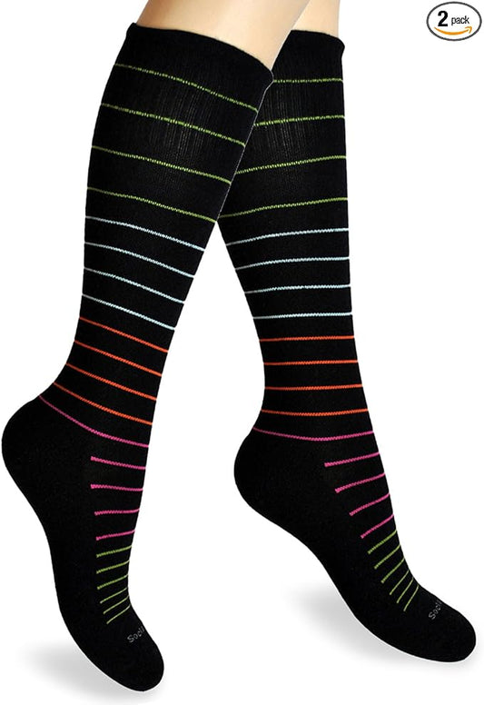 Cotton Compression Socks for Women & Men. 15-20 mmHg Support Knee-High Black Stripes S/M