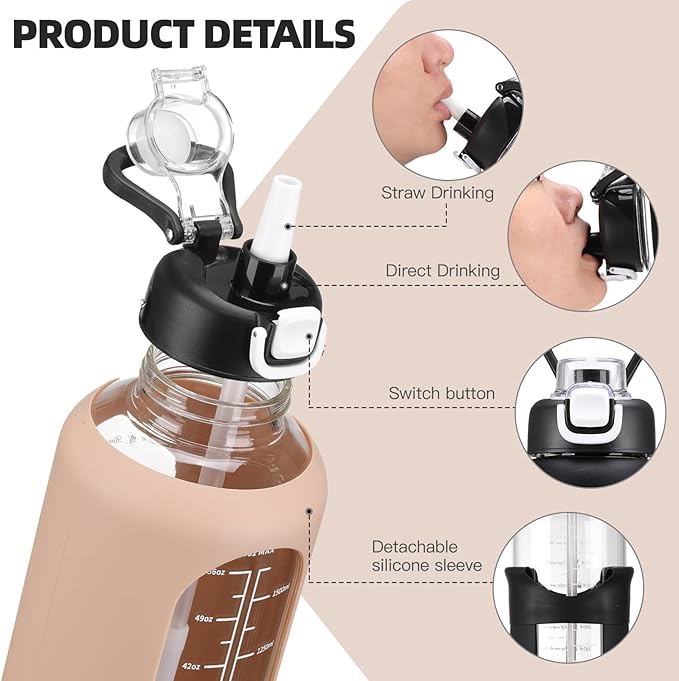 64 oz Glass Water Bolttles with Straw Half Gallon Large Motivational Water Bottle with Time Marker Sports Water Bottles with Silicone Sleeve and Handle Lid Water Jug for Gym Workout