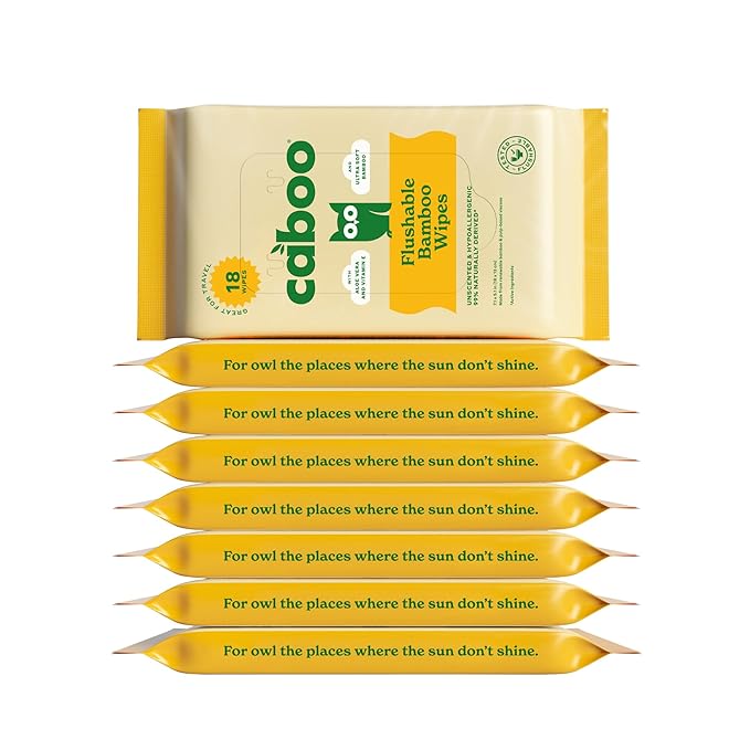 Caboo Tree Free Flushable Wipes, Travel Wipe, Certified Flushable, Septic Safe, Biodegradable Wipe for Adults, Pack of 8, Total of 144 Travel Toilet Wipes