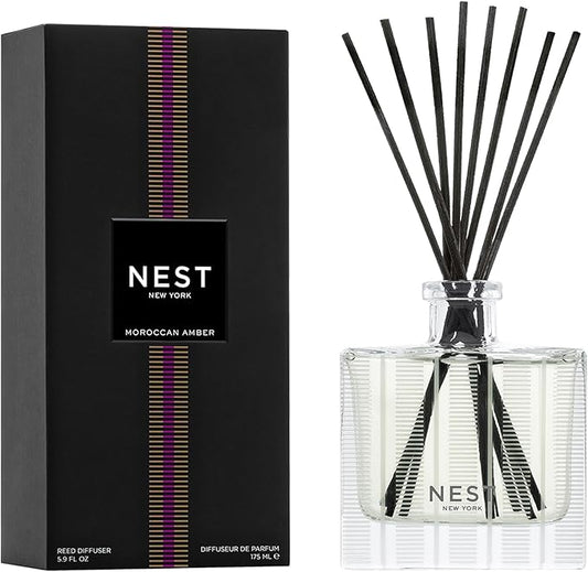 NEST New York Reed Diffuser, Moroccan Amber - 5.9 fl oz - Fragrance for Up to 90 Days - Reusable, Refillable Glass Holder - Includes 8 All-Natural Reed Sticks - Flame Free