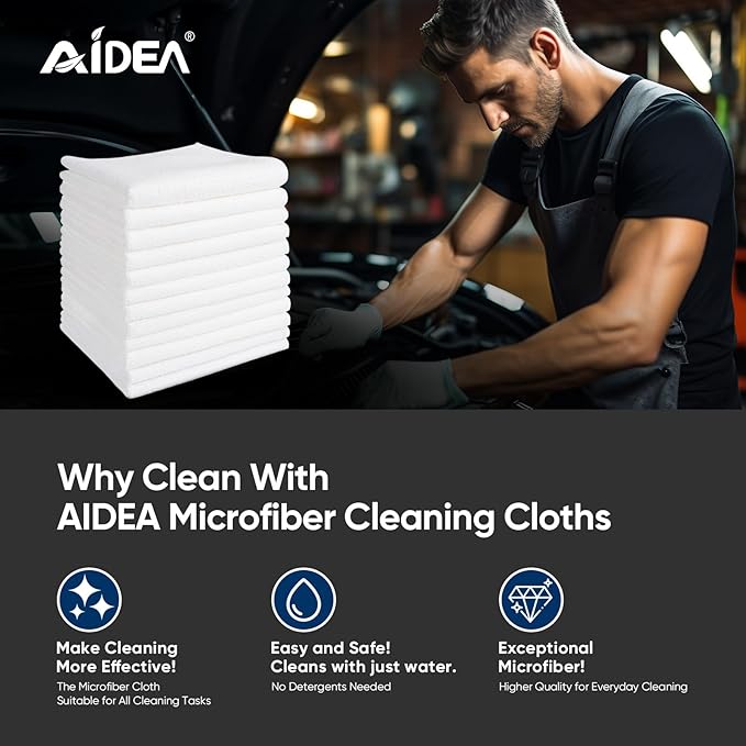 AIDEA Microfiber Cleaning Cloth White-100PK, Absorbent Cleaning Rags, Commercial Shop Rags Lint-Free, Scratch-Free, White Microfiber Towels for Cars, Kitchen Towels White 11.5 in.x 11.5 in.