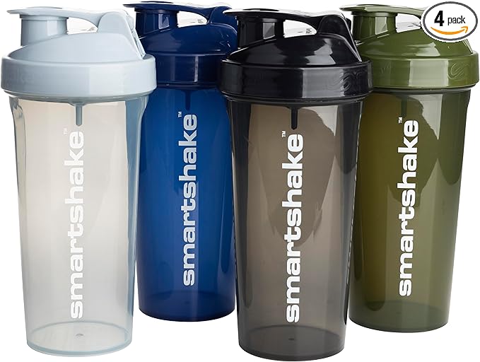 Smartshake Lite 4-Pack Protein Shaker Bottle 800 ml | 27 oz - Leakproof Screw-on Lid - BPA Free – Unisex - Mist Gray, Army Green, Black, Navy Blue