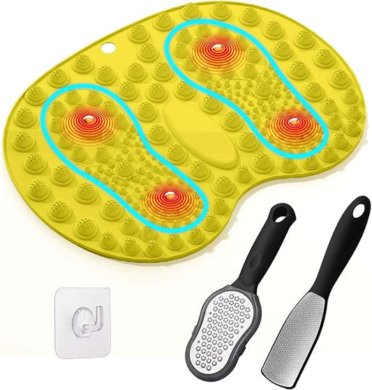 Foot Massage Mat and Foot File Set, Reflexology Mat with Magnetic Therapy for Feet Pain, Fatigue and Stress Relief, 2-Type Stainless Foot File Callus Remover(Yellow+Black)