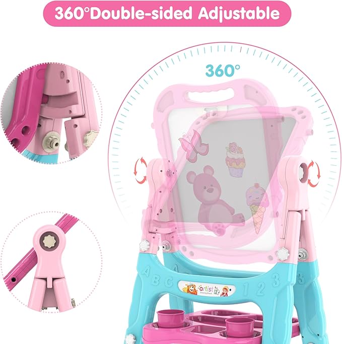 Amagoing Easel for Kids, Adjustable Standing Art Easel for Toddler, Double Chalk Drawing Board with Painting Accessories, Birthday Christmas Gift for Girls 3 4 5 Years Old