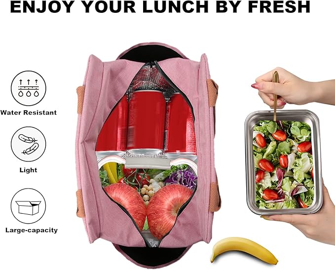 Joymee Lunch Bag Women Insulated Lunch Box Reusable Leakproof Large Spacious Cooler Tote for Womens Mens Adults with Bottle Holder and Side Pockets for Work Office Travel Picnic - Light Pink