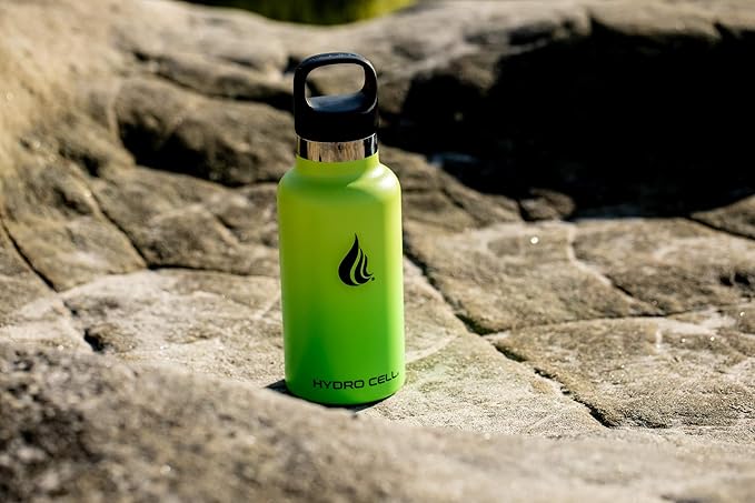 HYDRO CELL Stainless Steel Water Bottle with Straw & 2 Standard Mouth Lids (32oz 24oz 20oz 16oz) Keeps Liquids Hot or Cold w/Double Wall Vacuum Insulated Leak Proof Sport Design (Neon/Neon 16oz)