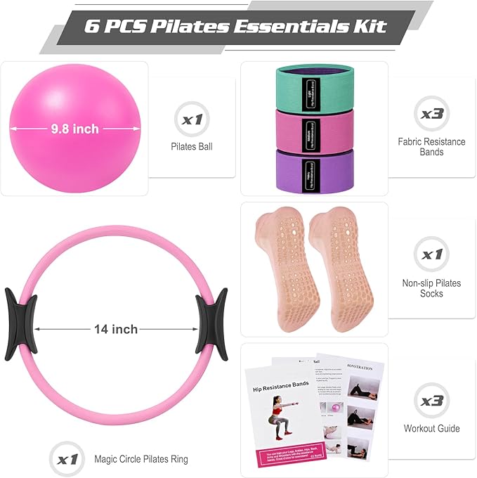 Pilates Essentials Kit for Home Women, Ring and Ball Set, Pilates Equipment for Workouts, 3 Resistance Bands, Grip Socks, 14 Inch Magic Circle, Mini Exercise Ball, Great Exercise Equipment