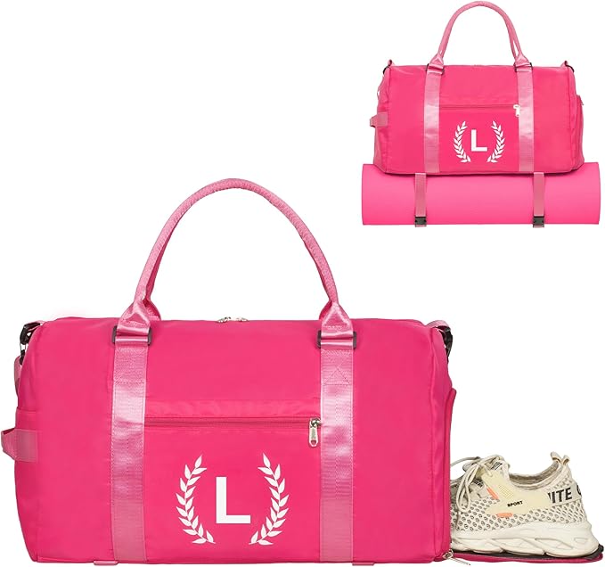 Gym Bag for Women, Personalized Duffle Bag with Shoe Compartment, Sports Bag for Yoga & Dance with Wet Pocket and Mat Strap(HotPink,L)