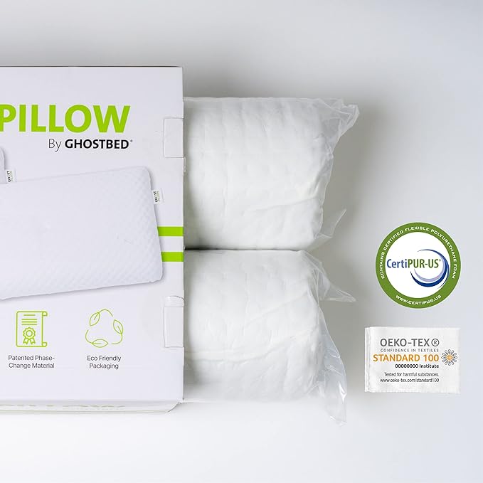 GhostBed Memory Foam Pillow - Memory Foam Pillow with Aerated Ergonomic Design - Patented Cooling Layer & Ghost Ice Cover - Medium Firm for Stomach Back or Side Sleepers