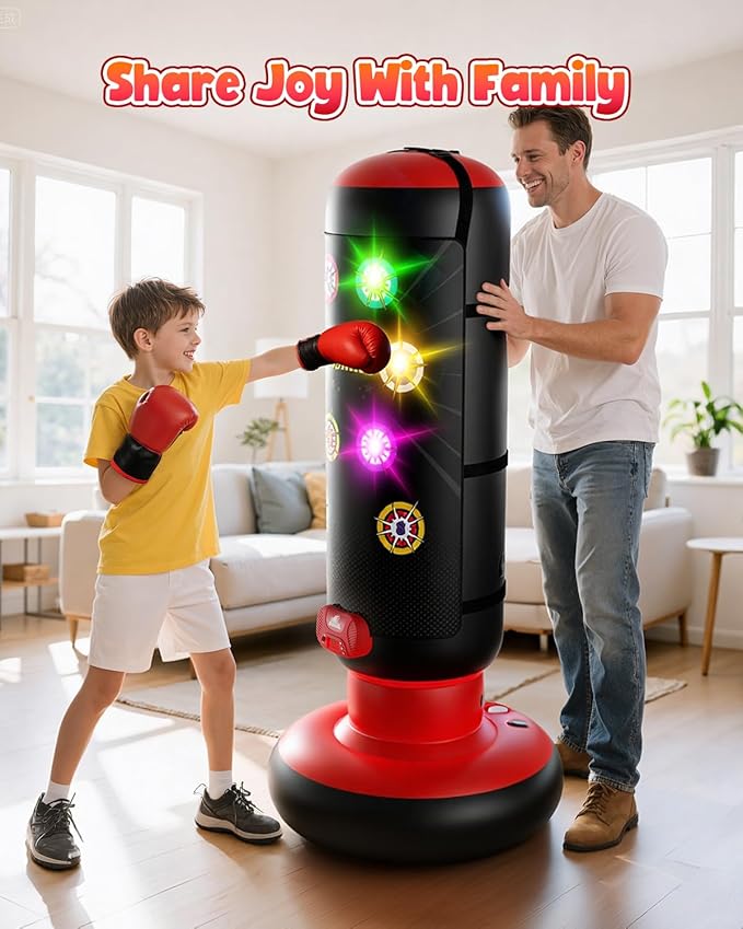 HopeRock Punching Bag for Kids, Boxing Set with Scoring, Light, Music, 4 Game Modes, Inflatable Boxing Bag with Gloves, Birthday Gifts Toys for 4-8-12 Years Old Boys