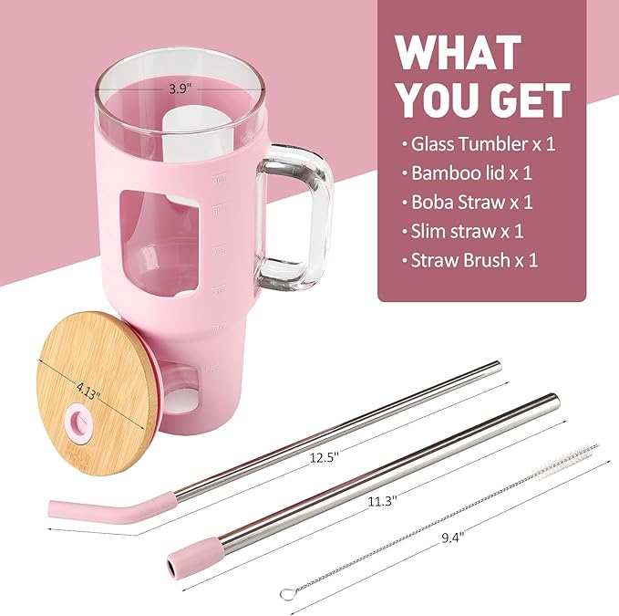 Glass Tumbler with Straw and Lid, 40 oz glass cup with handle, Glass Water Bottles with Time Marker, Silicone Protective Sleeve-Pink
