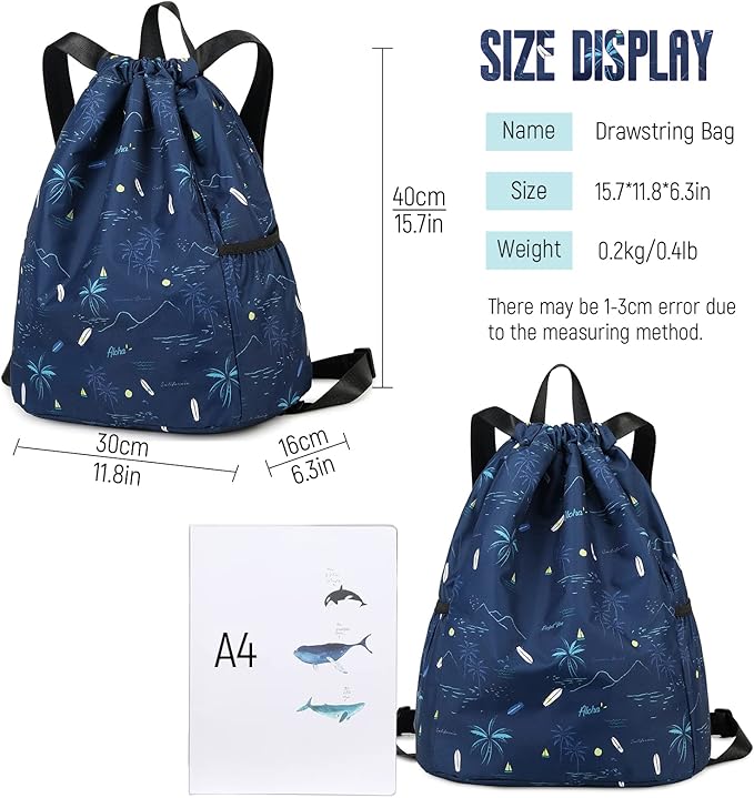 Drawstring Backpack for Kids - Coconut Tree Bags for Girls Mini Gym Dance Beach Swim Travel Bag With Two Water Bottle Holder Dark Blue Clinch Bag