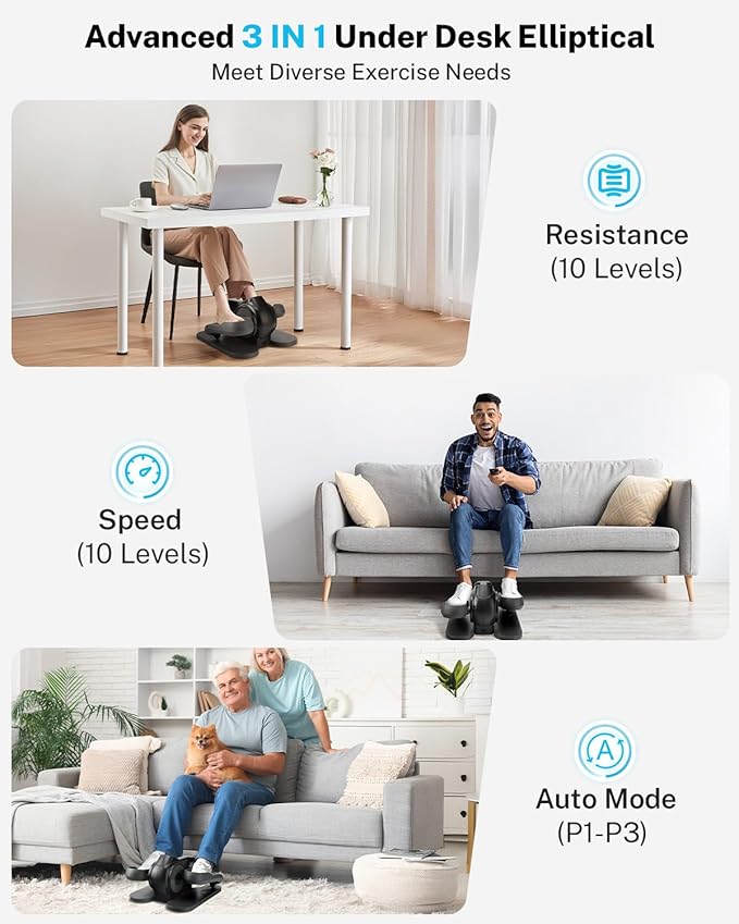 Gonex Under Desk Elliptical Exercise Machine, Leg Exerciser While Sitting for Seniors, 3-in-1 Mini Seated Pedal Exerciser as Seen on TV, 10 Resistance & Speed Levels, Manual/Auto with Remote