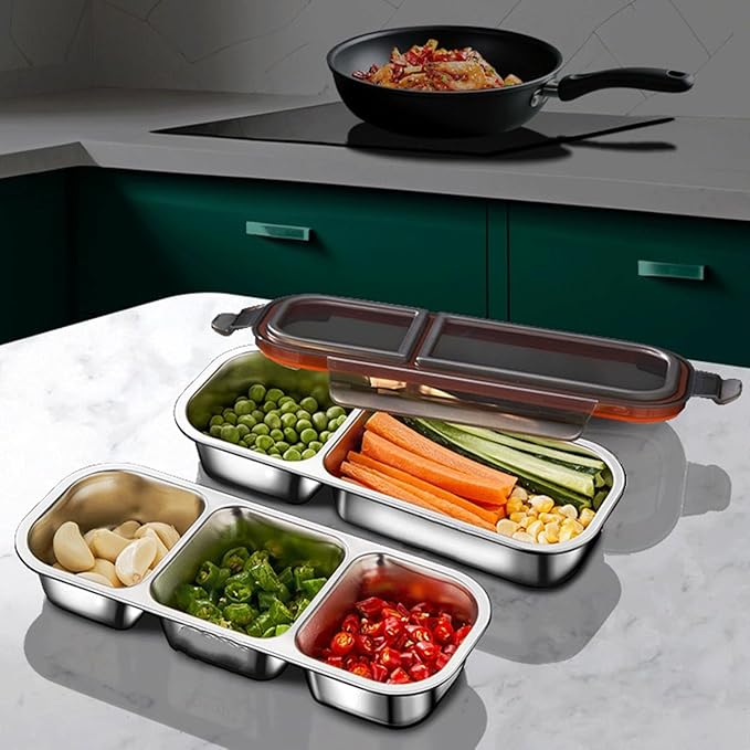 2 Piece Stainless Steel Snack Containers with Lids, Reusable 3 Compartment Snack Containers, Divided Food Storage Containers Box Sauce Cups for School, Travel, Home (3 Compartment-black)