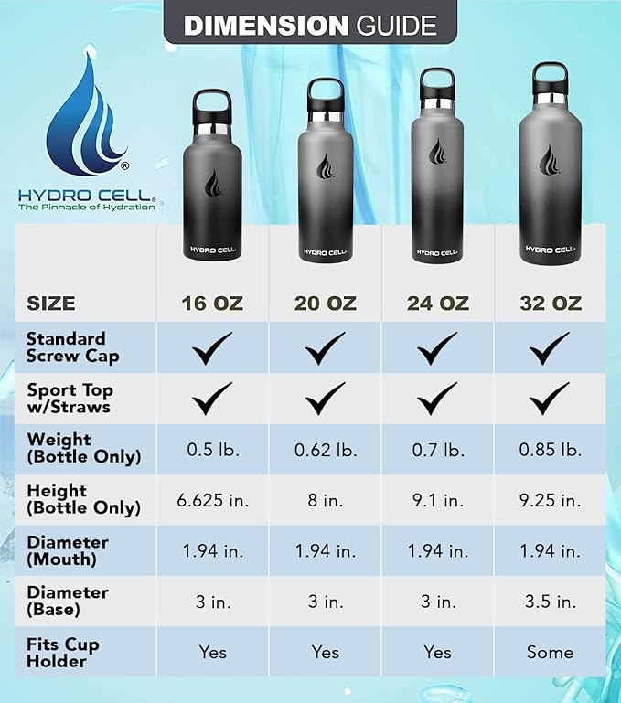 HYDRO CELL Stainless Steel Water Bottle with Straw & 2 Standard Mouth Lids (32oz 24oz 20oz 16oz) Keeps Liquids Hot or Cold w/Double Wall Vacuum Insulated Leak Proof Sport Design (Graphite/Black 20oz)