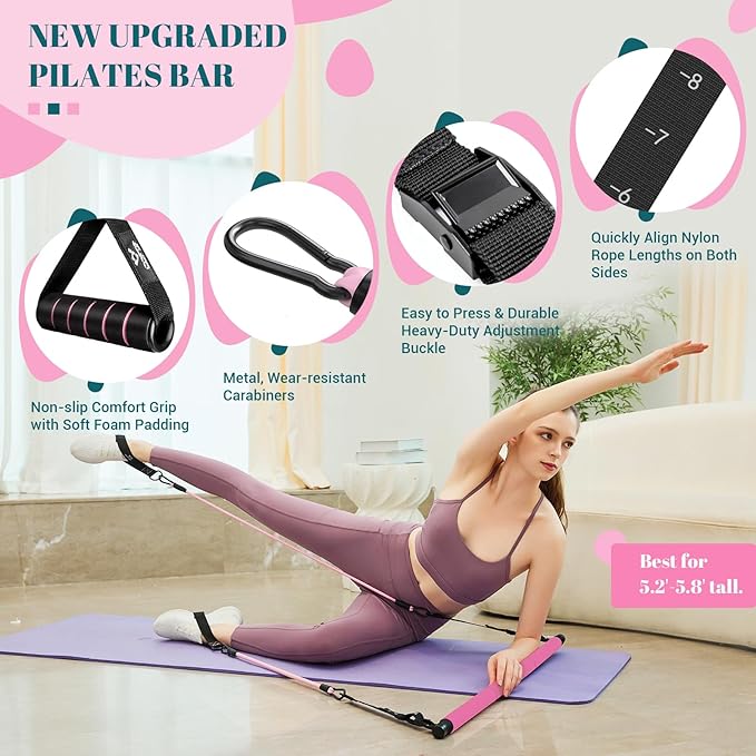 Pilates Bar Kit with Resistance Bands, Multifunctional Yoga Pilates Bar with Heavy-Duty Metal Adjustment Buckle, Portable Home Gym Pilates Resistance Bar Kit for Women Full Body Workouts