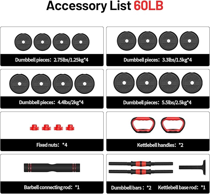 Adjustable Dumbbell, 20/30/40/60/80lbs Dumbbells Set, 4-in-1 Free Weights for Women/Men Workout Equipment Used as Barbell/Kettlebells/Push up Stand for Home Gym