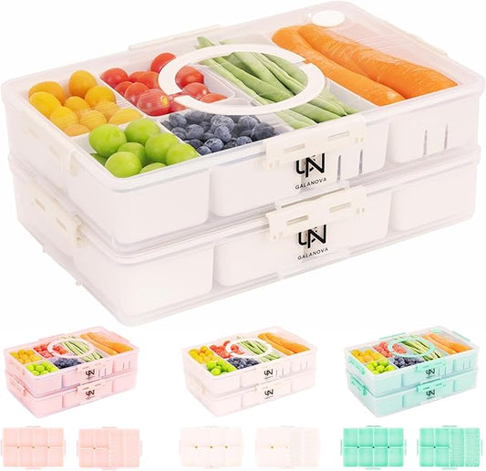 Stackable Snackle Box Container with 2 Lids - BPA-Free Snackle box Organizer, Dishwasher & Microwave Safe Reusable Snacklebox for Veggies, Fruits, Charcuterie, Snacks (White, 2 Pack)