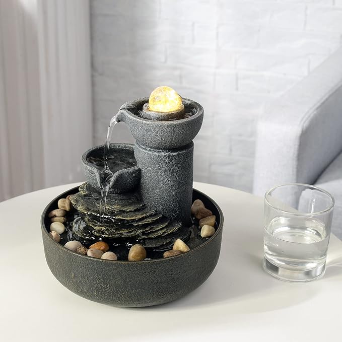 GOSSI Tabletop Fountain Indoor Fountain 2-Tiered Water Meditation Decorative Waterfall w/LED/Cobblestone/Glass Rolling Ball Soothing Sounds for Office and Home