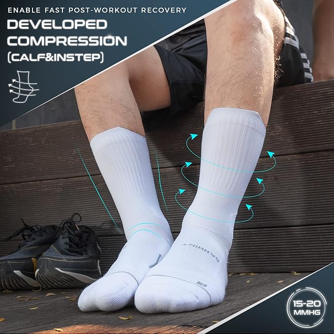 Compression Running Socks 3 Pairs, Cushion Crew Socks, Anti-Blister Moisture Wicking Athletic Hiking Basketball Socks