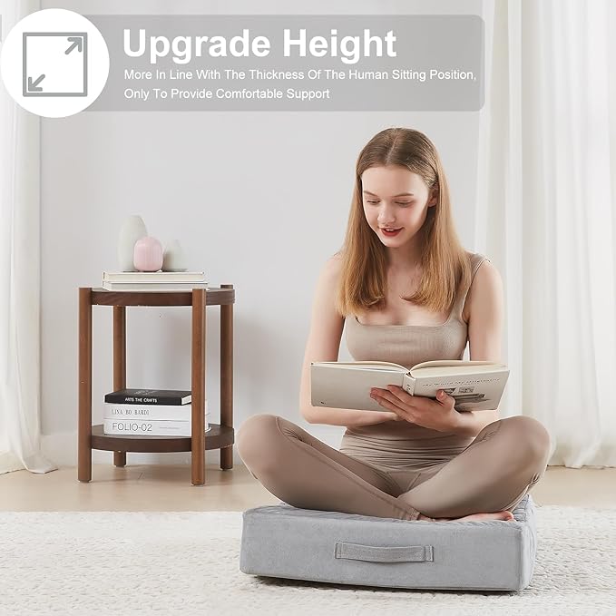 JKMAX 2 Pcs High Density Foam Floor Pillow - Upgraded Large Pillows Seating for Adults - Outdoor Floor Cushion with Soft Tufted Cover - Yoga Pillows for Sitting On Floor - 22 Inch Light Gray