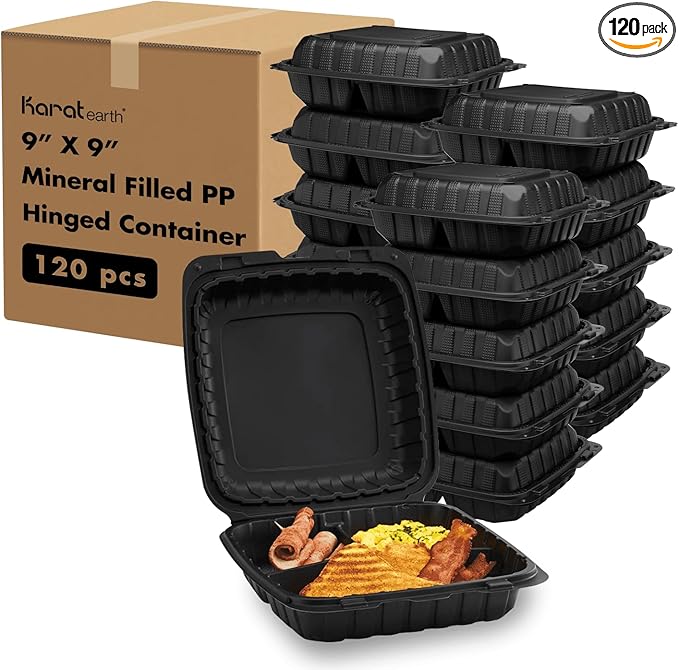 KARAT EARTH Clamshell Take Out Food Containers [9"x9" - 120 ct] To Go Containers | 3 Compartment, Soak-Resistant, Durable, Stackable | Vented for Hot/Cold Foods, Black