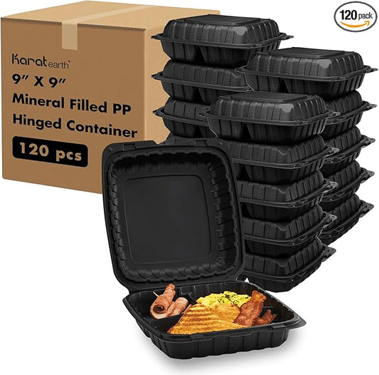 KARAT EARTH Clamshell Take Out Food Containers [9"x9" - 120 ct] To Go Containers | 3 Compartment, Soak-Resistant, Durable, Stackable | Vented for Hot/Cold Foods, Black