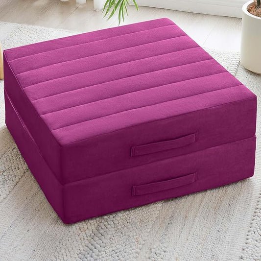 2 Pcs High Density Foam Floor Pillow - Upgraded Large Pillows Seating for Adults - Outdoor Floor Cushion with Soft Tufted Cover - Yoga Pillows for Sitting On Floor - 22 Inch Purple