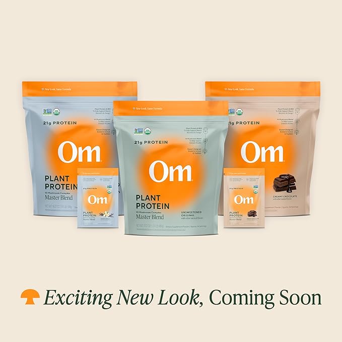 OM MUSHROOM SUPERFOOD Master Blend Mushrooms & Adaptogens, Creamy Chocolate Plant Protein, Single Serve, 10 Count, 10 Mushroom Complex, Lion's Mane, Ashwagandha, Stress Relief, GLP-1 Support