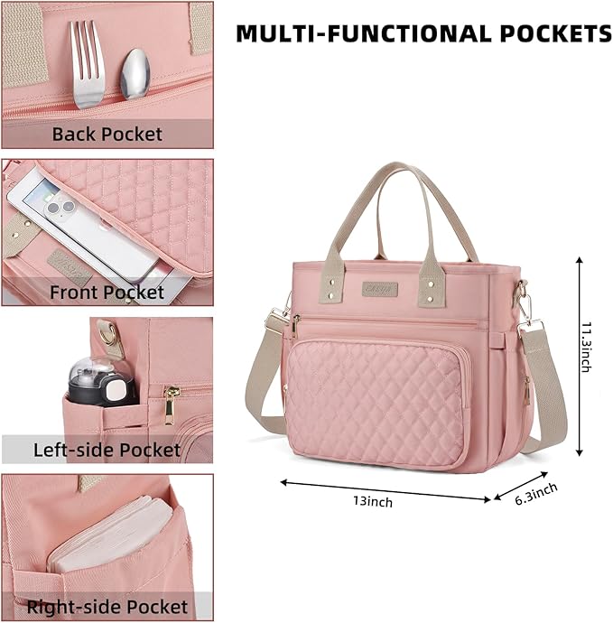 EASYA Large Women Lunch Bags for Work/Insulated Adult Lunch Box for Women/Durable Nylon Thermal Lunchbox for Womens/Leakproof Cooler Tote Bag with Storage Pocket (Shimmering blush pink Cotton Strap)