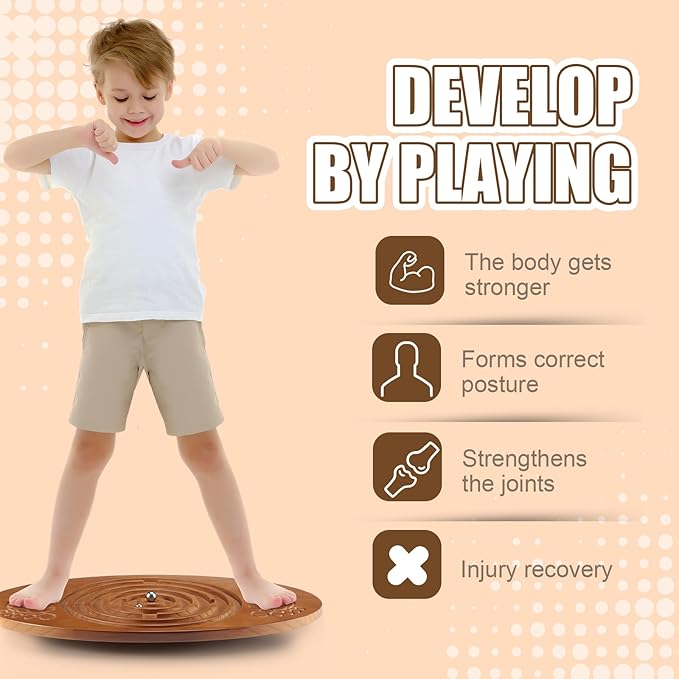 Maze Balance Board Wood Wobble Board with 2 Beads Rocker Balance Disk for Leg Workout, Exercise Training, Physical Therapy, Bodyweight Fitness, Skiing, Surfing, Skateboarding with Labyrinth