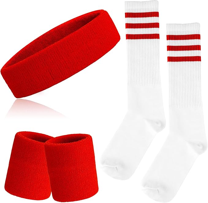ONUPGO 5 Pieces Sweatbands Striped Socks Set Sports Headband Wristbands High Tube Socks 80s Accessories Costumes