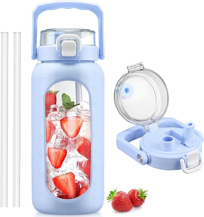 BLUEGO 64oz Glass Water Bottle with Handle and Straw, Motivational Sports Water Bottle with Time Marker and Silicone Sleeve Leakproof Drinking Bottle for Travel Gym Workout, Light Blue