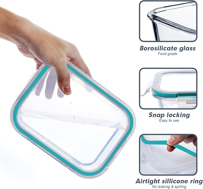BAYZZ Glass Meal Prep Containers, 10 Packs 22 oz Airtight Glass Food Storage Containers with lids, Microwave, Oven, Freezer & Dishwasher Safe, Green