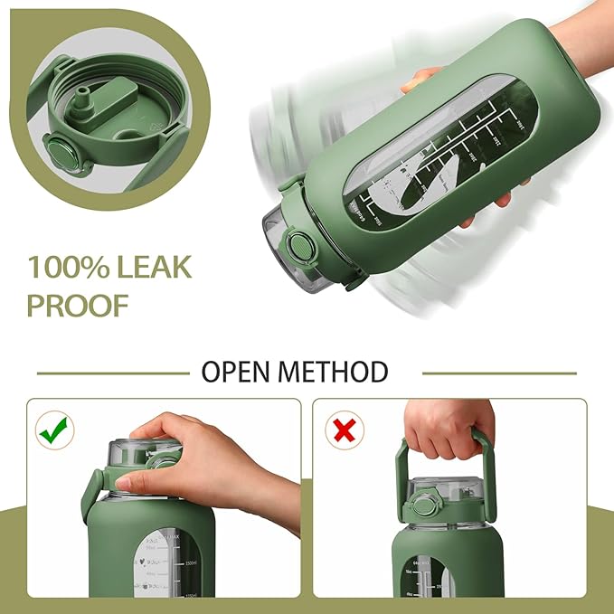 42oz/52oz/64oz Glass Water Bolttles with Straw Half Gallon Large Motivational Water Bottle with Time Marker Sports Water Bottles with Silicone Sleeve and Handle Lid Water Jug for Gym Workout