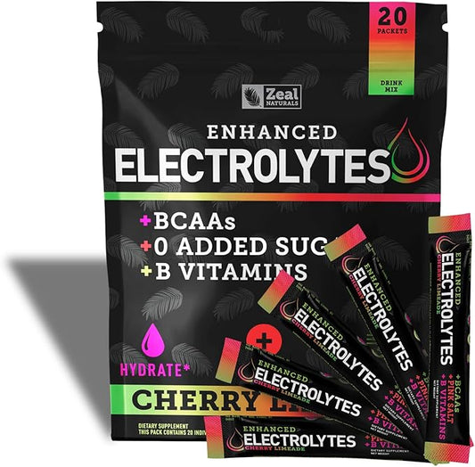 Enhanced Electrolyte Powder Stick Packs (Cherry Limeade | 20 Packets) w/ 0 Sugar +BCAAs +B-Vitamins Electrolyte Supplement w Potassium Zinc & Magnesium for Hydration - Keto Electrolytes