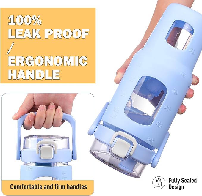 BLUEGO 32oz Glass Tumbler with Lid and Handle, Iced Coffee Cup with Straws, Glass Water Bottle with Silicone Sleeve and Volume, Marker Glass Cup with Time Marking, BPA Free, Blue