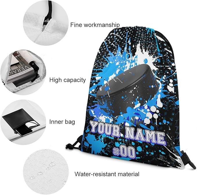 Custom Hockey Drawstring Backpack - Cool Cinch Sack, String Backpacks for Kids Women Men Boys Girls for Gym Outdoor Sports Travel Athletic Drawstring Bag - Lightweight/Foldable