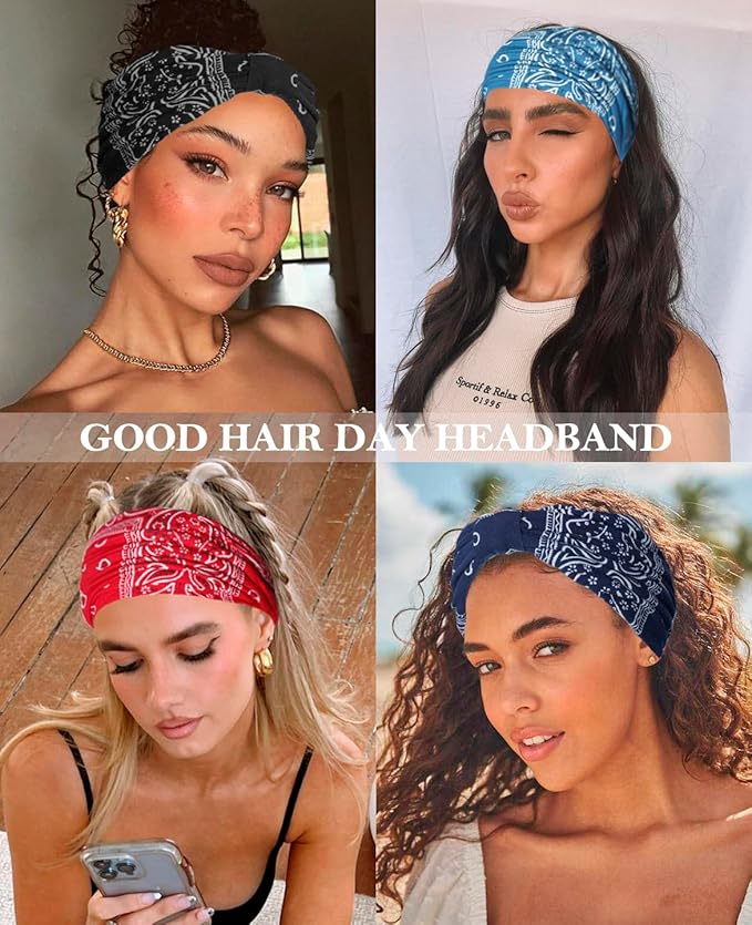 Artilady Wide Bandana Headbands for Women-Boho Bandeau Head Band Bohemian Paisley Red Headwrap Soft Athletic Elastic Sweat Non Slip Hair Bands for Curly Hair Accessories 6 PCS