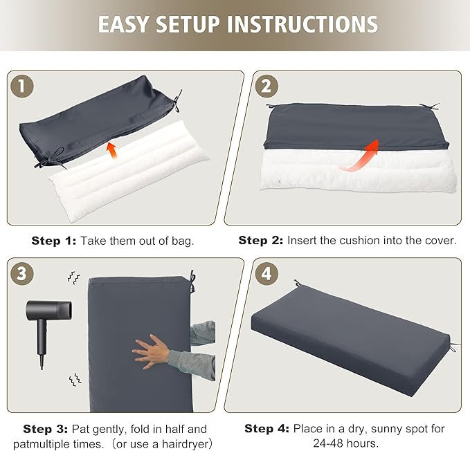 Outdoor Bench Cushion Waterproof 45"x18" – Fade-Resistant Patio Furniture Cushion with Ties for Porch Swing, Loveseat, or Indoor Bench Replacement, Dark Grey