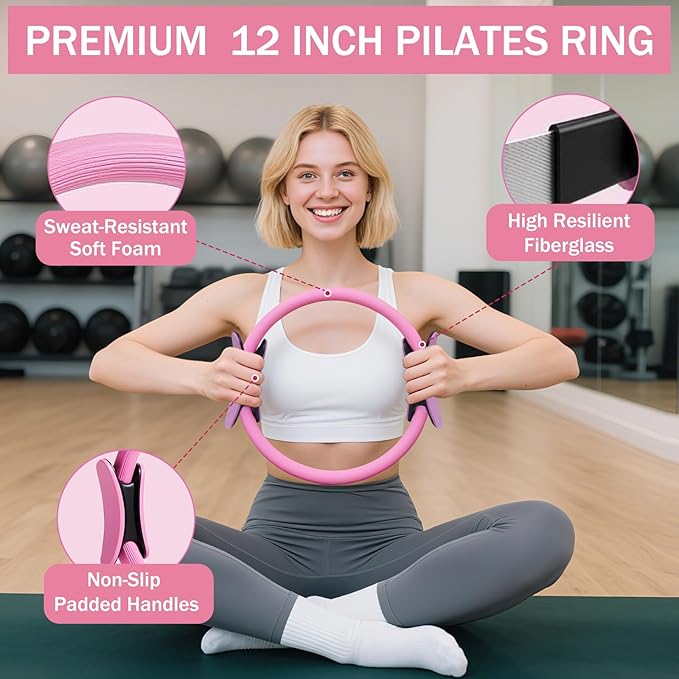Home Pilates Essentials Kit for Women Pink Ring and Ball Pilates Set Equipment, Magic Circle with 5 Resistance Bands Premium Accessories Kits for Starter Toning Workouts at Home