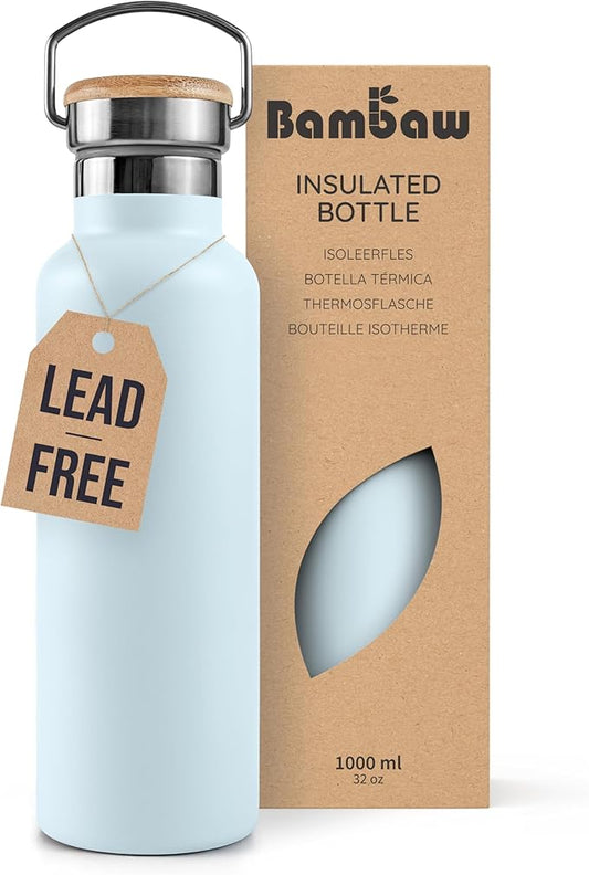 Bambaw 32 oz Water Bottle, Blue Insulated Water Bottle Wide Mouth, Stainless Steel Water Bottle, Portable Water Bottle, 32 ounce Metal Water Bottle – Ice Blue