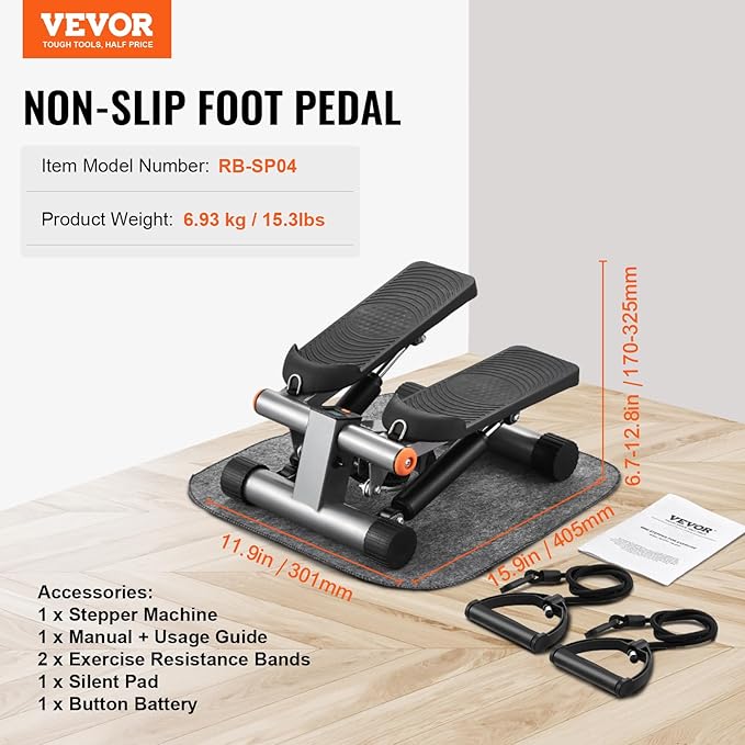 VEVOR Stair Stepper, Mini Stepper for Exercise at Home, Hydraulic Fitness Stepper with Resistance Bands, Full Body Workout Cardio Equipment, Stair Climber with LCD Monitor, 330LBS Load Capacity