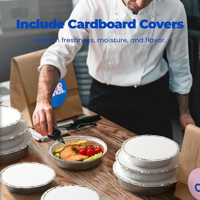 Fit Meal Prep 50 Pack 7” Round Aluminum Foil Pans with Lids, Pie Tins Disposable 7 inch with Lids, Take Out Containers, Freezer Oven Safe Aluminum Baking Pans for Storing, Cooking, Storage, Reheating