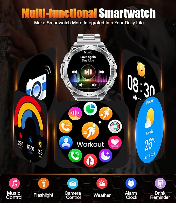 EF16 Smart Watch for Men with Bluetooth Call, 1.6" AMOLED Fitness Tracker Watches, 600mAh Battery/2 Straps/100+ Sports/IP68 Waterproof/LED Flashlight Smartwatch for Android iPhone Compatible
